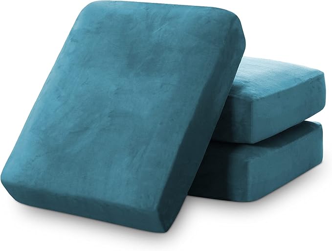 PrinceDeco Couch Cushion Covers, Stretch Washable Sofa Cushion Cover, Fitted Sofa Slipcover Velvet Fabric Non-Slip Furniture Protector for Dog,Pets, Kid (Each Width Up to 29.5", Blue)
