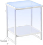 VASAGLE End Table, 2-Tier Side Table with LED Lights, Modern Nightstand, Square Bedside Table, Frosted Glass, Bottom Shelf, for Bedroom, Cloud White and Pearl White ULET232W01