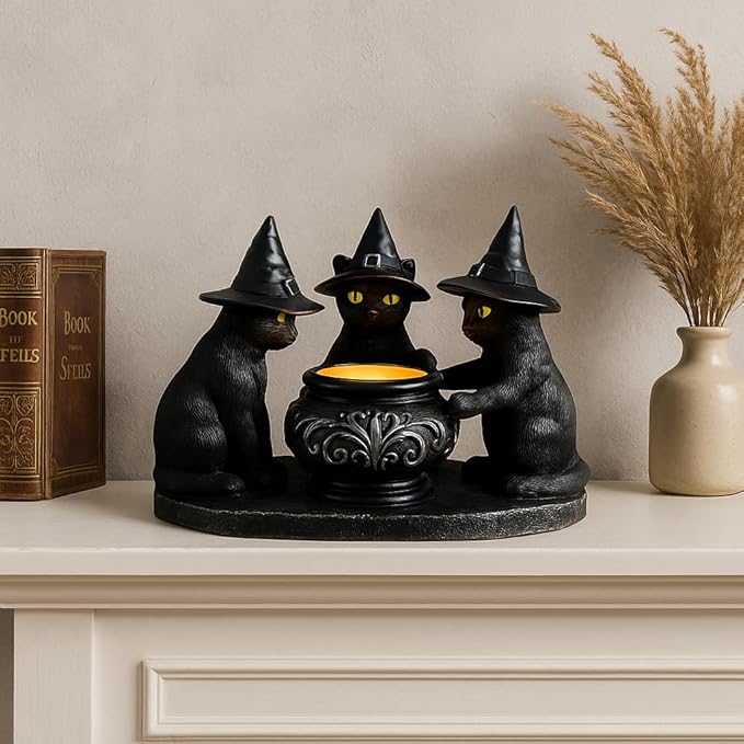 Halloween Black Cat Candle Holder, Cute Halloween Table Decor & Mantel Decoration (Black)