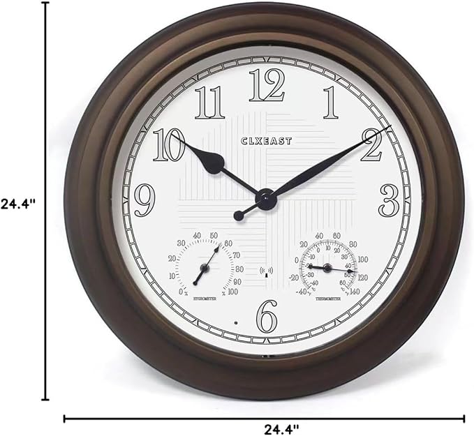 CLXEAST 24 Inch Illuminated in/Outdoor Lighted Atomic Analog Wall Clock with Thermometer & Hygrometer, Oversized Large Waterproof Wall Clocks for Living Room Decor,Bronze Finish