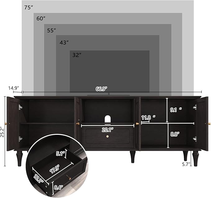 ARTPOWER 67'' Mid-Century Modern TV Stand with Storage Drawer and Doors, Long TV Stand with Adjustable Shelves for 75 Inch TV for Living Room, Bedroom, Black