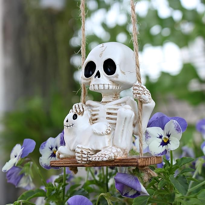 Halloween Resin Skeleton Swing Ornament - Animated Skeleton with Black Cat Figure, Hanging Decor for Tree Wall Garden - Spooky Fun Festival Decor Prop