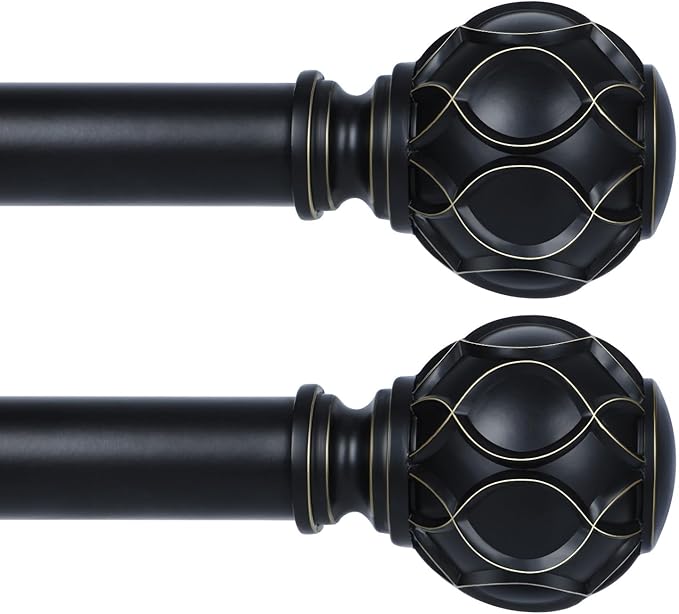 Black Adjustable Curtain Rods for Windows:Farmhouse Heavy Duty Curtain Rod for Bedroom Living Room,Boho Decorative Rustic Drapery Rods with Vintage Coastal Finials,Matte Black 2 Pack 18-45"