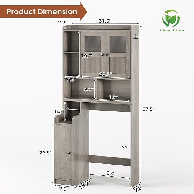 Itaar Over The Toilet Storage Cabinet, Over Toilet Bathroom Organizer with Glass Doors & Toilet Paper Holder Stand, Home Space-Saving Toilet Rack, for Bathroom, Restroom, Laundry, Grey