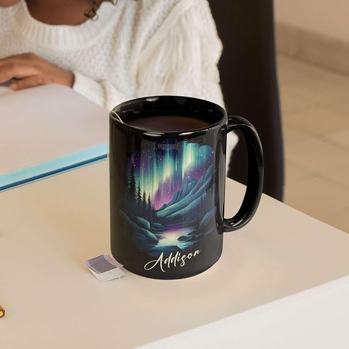Customized Name Coffee Cup 11oz 15oz, Personalized Northern Lights Landscape Mug, Scenic Mountain And River Black Cup, Custom Northern Lights Inspired Ceramic Mug, Gift For Women