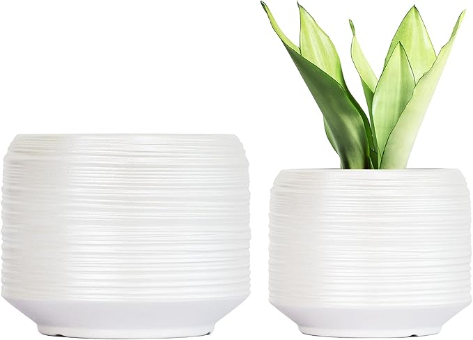 8 Inch + 6 Inch Ceramic Plant Pots Indoor with Drainage – Flower Pot Set, Decorative Indoor Planters for House Plants and Garden Use