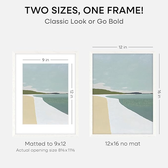 Homeforia 12x16 White Picture Frame, High End Oak 12x16 Wood Poster Frames with Mat 9x12 Print, 12 x 16 White Wooden Frame Matted to 9 by 12 Photo, 16x12 Thin Frame, Tempered Glass, Wall Kit, Set of 1