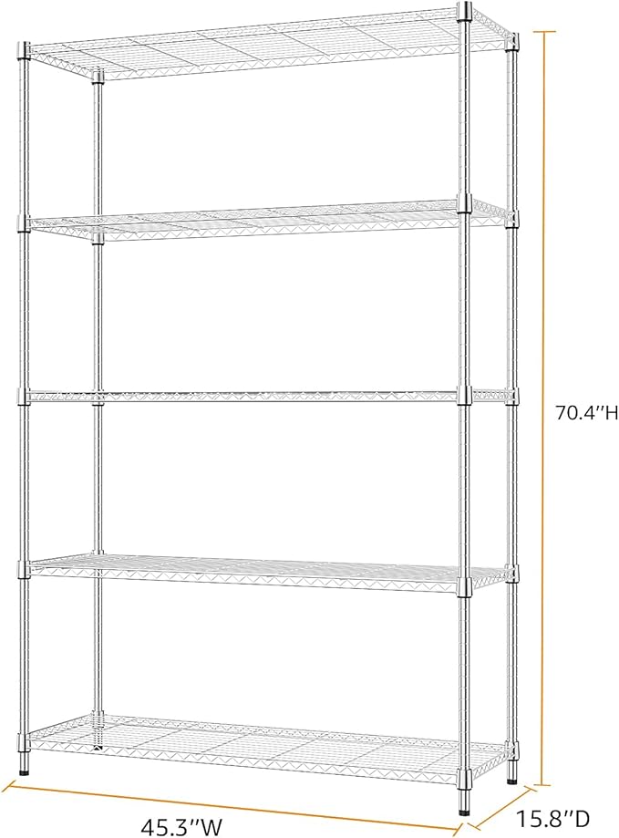 MZG 1750 lbs 5 Tier Storage Rack Metal Wire Shelving Unit, Storage Standing Household Shelf Organizer for Kitchen Pantry Closet Garage Basement Utility Room, Chrome 15.8" D x 45.3" W x 70.4" H