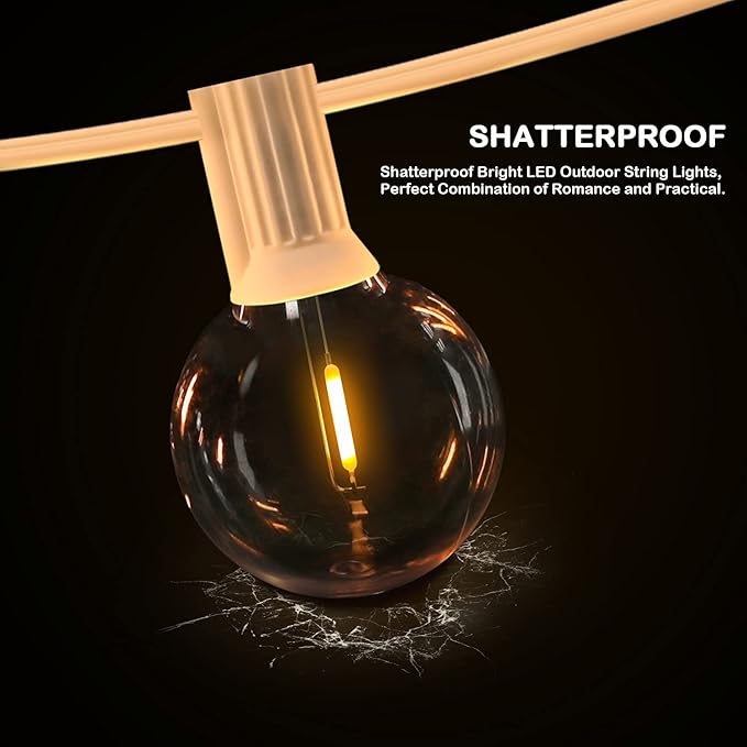 50FT LED G40 Globe String Lights White, Shatterproof Outdoor Patio String Lights 2200K with 50+2 Dimmable Edison Bulbs, Backyard Outdoor Hanging Lights, Bistro Waterproof for Balcony Party Wedding