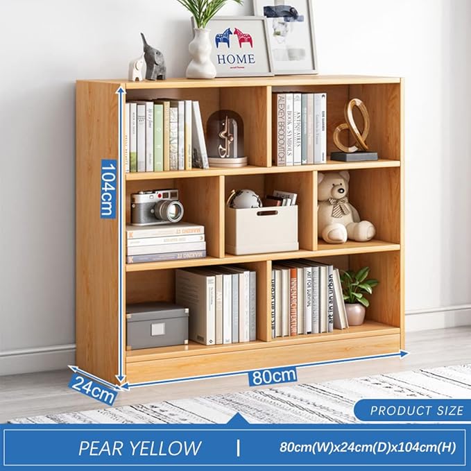IOTXY Open Shelf Low Bookcase - Wooden 3-Tier Floor Standing Display Cabinet Organizer with Base, 7 Cubes Short Horizontal Bookshelf in Pear Yellow