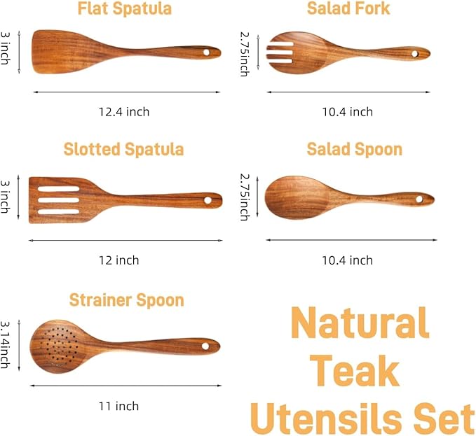 5 Piece Wooden Spoons for Cooking - Natural Finish Wooden Cooking Utensils - Soft Grip Wood Spoons - Non-Stick Wooden Spoons