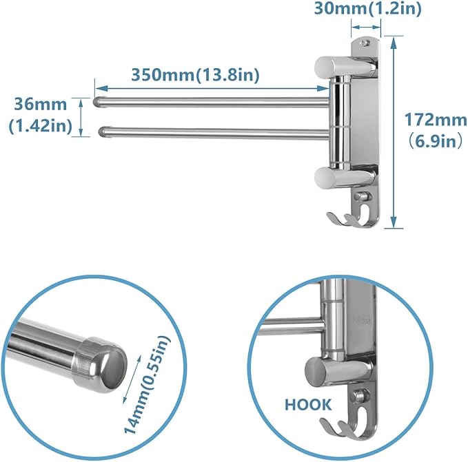 Bathroom Towel Holder JSVER 2 Arms SUS304 Stainless Steel Wall Mounted Towel Bar, Swivel Towel Racks for Bathroom, Kitchen