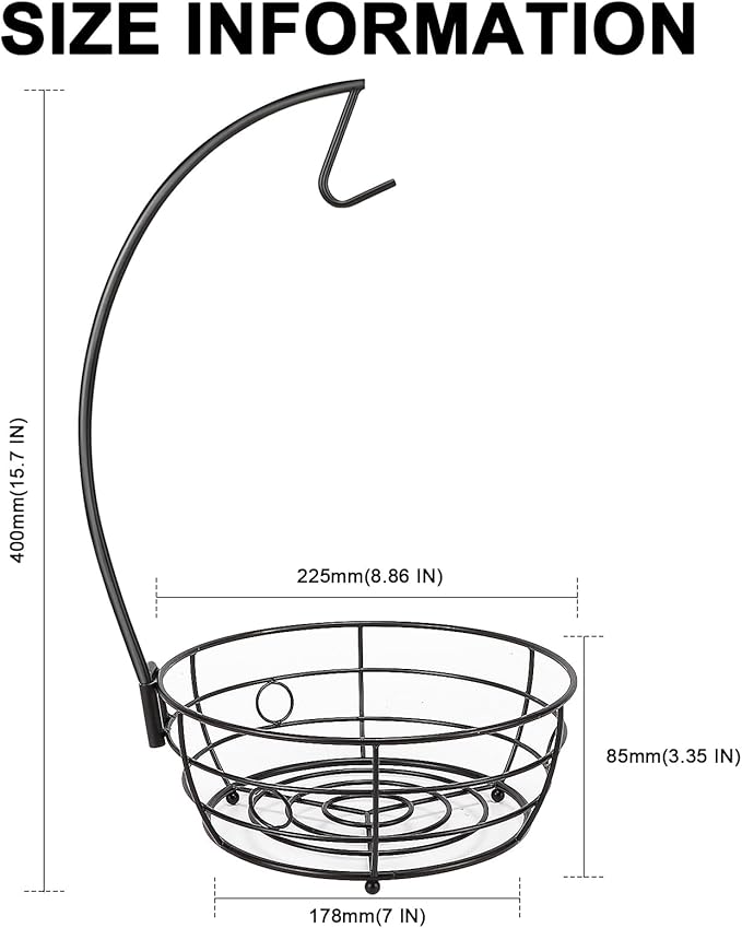 Livabber Countertop Fruit Basket Bowl with Banana Hanger, Modern Standing Fruit Vegetable Bowl Storage, with Banana Tree Holder for Kitchen Dinning Table (Round Metal, Black)