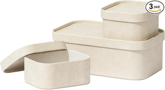 La Jolie Maison Vegan Leather Storage Boxes with Lids, Set of 3 Decorative Storage Containers Organize Stackable Storage Box, Beige