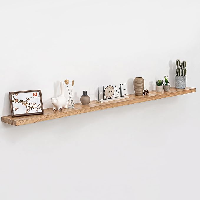 Fun Memories 72 Inch Floating Shelves for Wall, Elm Wood Floating Shelves for Home Décor, Wall-Mounted Display Shelves with Heavy-Duty Bracket, Long Floating Shelf for Kitchen, Living Room, Natural