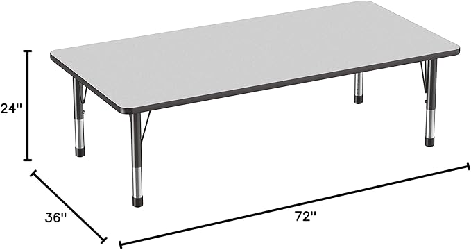 FDP Rectangle Activity School and Classroom Kids Table (36 x 72 inch), Toddler Legs, Adjustable Height 15-24 inches - Gray Top and Black Edge
