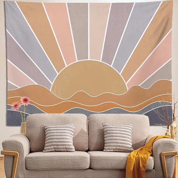 keowhsf Boho Sun Mountain Tapestry Wall Hanging - Retro 70s Vintage Rainbow Sunrise Sunset Design, Abstract Geometric Hippie Art Tapestry for Bedroom, Living Room & Dorm Decor