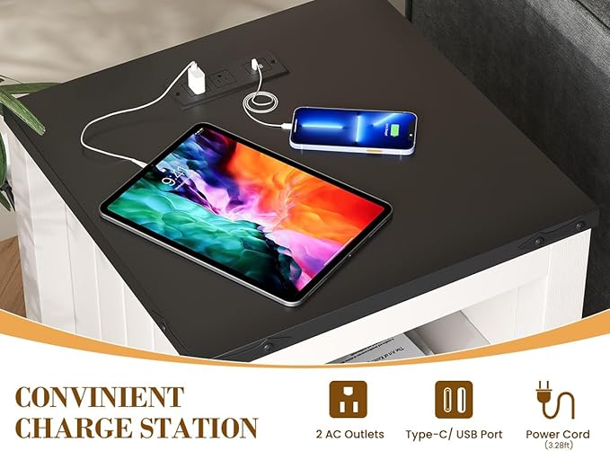 Farmhouse End Table Set of 2 with Charging Station - Apicizon Nightstands