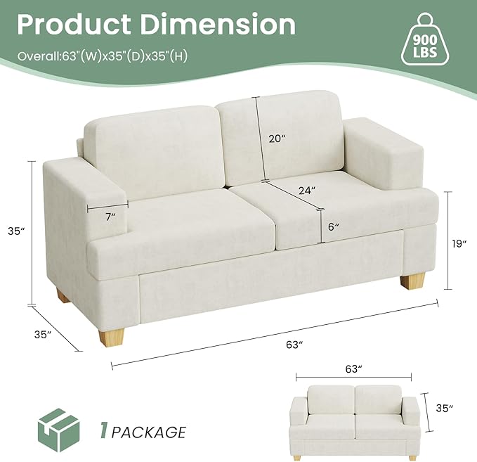 Sofa, 63” Comfy Loveseat Sofa Couch with Deep Seats, Couch for Living Room, Modern Sleeper Sofa, Beige Chenille