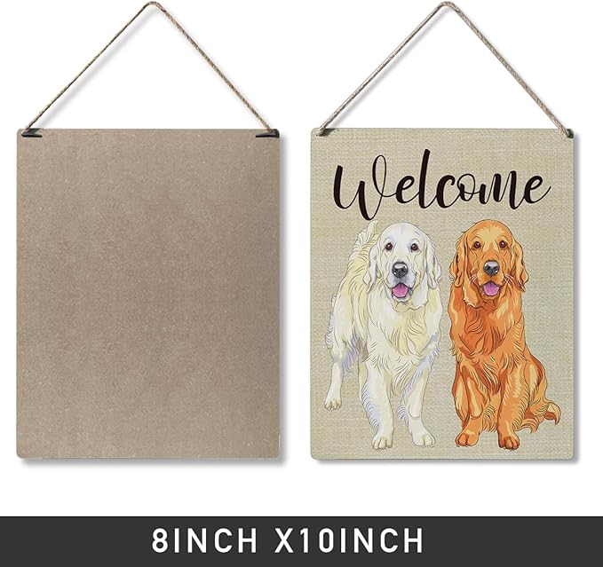 Qious Welcome Sign Gift Farmhouse Welcome Golden Retriever Wooden Hanging Sign Plaque Modern Wall Art Decor for Home Decoration 10 x 8 Inches