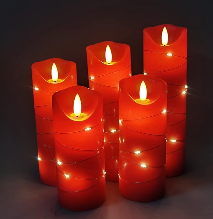 DANIP Red LED Flameless Candle with Embedded Star String, 5Piece LED Candle with 11 Button Remote Control, 24 Hours Timer Function, Dancing Flame, Real Wax, Battery Powered.