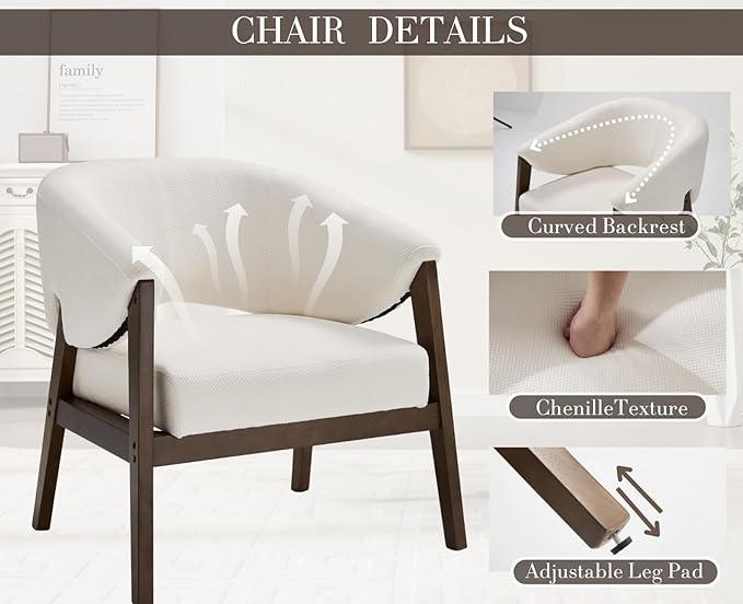 Mid-Century Modern Accent Chair, Comfy Barrel Armchair with Wide Seat, Upholstered Lounge Chair with Walnut Wood Legs for Living Room/Bedroom/Reading Corner, Chenille, Beige, 1PC