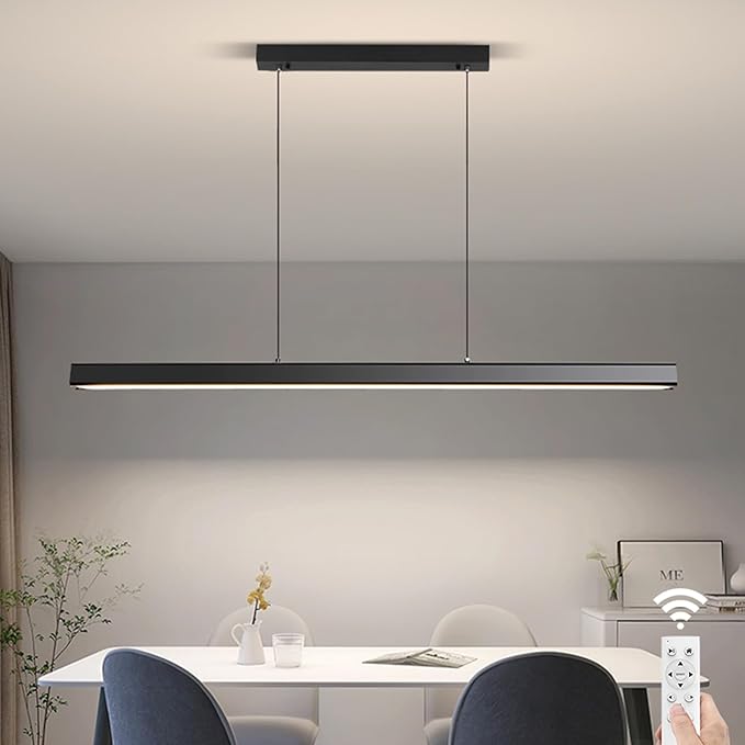 JAYMP Minimalist Linear Pendant Light Dimmable LED Modern Chandelier Dining Room Island Light Restaurant Cafe Bar Office Hanging Lamp Black 57"