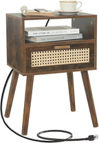 MaxSmeo Small Nightstand with Charging Station, Rattan Side Table Mid Century Modern Bedside Table for Bedroom, Living Room and Small Spaces, Solid Wood Legs (Rustic Brown)