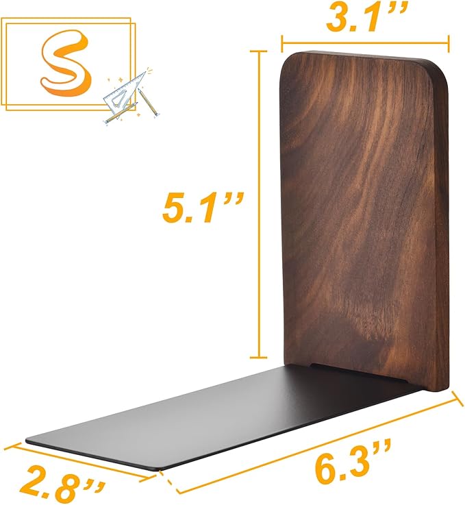 Book Ends, Black Walnut Wooden Bookends for Shelves - Heavy Duty Non-Slip Book Organizers, Upgraded Decorative Bookend Holders for Home, Kitchen, Office, Set of 2, Small
