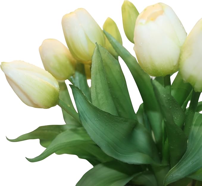 15pcs Artificial Tulips Flowers, Fake Tulips Real Touch, Faux Latex Bouquets, for Party Wedding Home Room Decoration (White)