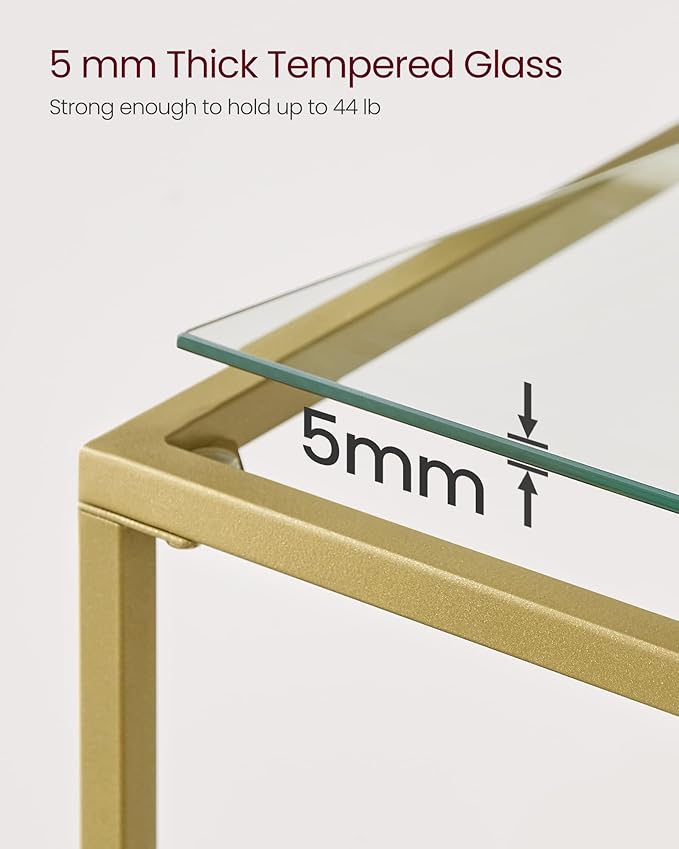 VASAGLE 39.4 Inch Console Sofa Table, Modern Entryway Table, Tempered Glass Table, Metal Frame, 2 Shelves, Adjustable Feet, for Living Room, Hallway, Gold Color ULGT025A01