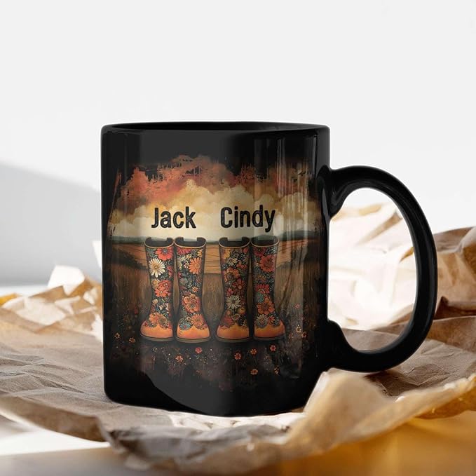 Custom Couple Mug with Floral Boots Design, Personalized Name Coffee Mug 11oz 15oz, Fall Inspired Ceramic Coffee Cup, Custom Autumn Scene Black Cup, Gifts for Boyfriend, Girlfriend