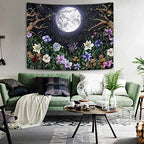 Neasow Aesthetic Moon Garden Tapestry Wall Hanging, Night Landscape with Colorful Plants Floral Tapestries for Bedroom Home Decor Multi Color 50×60 inch (130cm×150cm)