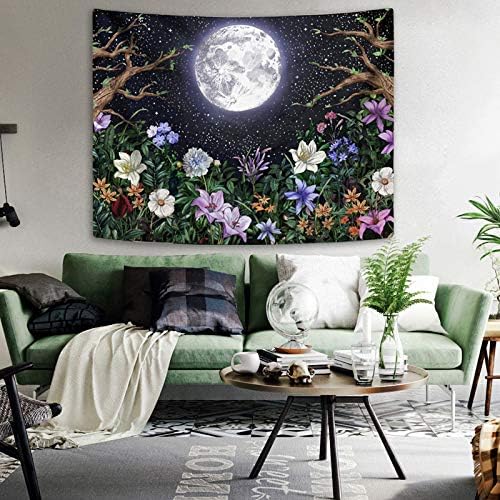 Neasow Aesthetic Moon Garden Tapestry Wall Hanging, Night Landscape with Colorful Plants Floral Tapestries for Bedroom Home Decor Multi Color 60×80 inch (150cm×200cm)