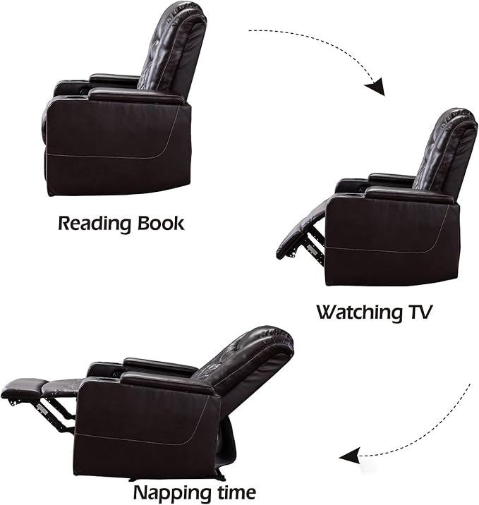 CANMOV Electric Power Recliner Chair with USB Ports and Cup Holders, Breathable Leather Home Theater Seating with Hidden Arm Storage (Brown)