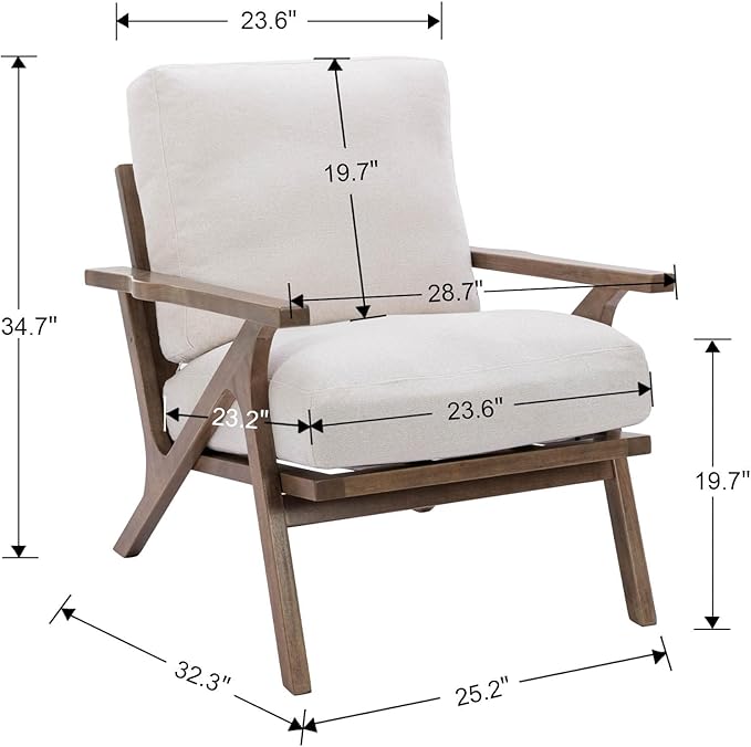 HNY Mid Century Modern Accent Chair, Farmhouse Retro Linen Upholstered Armchair for Living Room Bedroom, 23'' Seat Wide Leisure Slipper Chair with Wood Frame, White