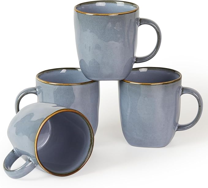 famiware Coffee Mugs Set of 4, Ocean Square 13oz Coffee Cup Set with Handle for Cocoa, Milk, Hot Chocolate, Tea, Water, Stoneware Cups for Kitchen, Microwave and Dishwasher Safe, Blue