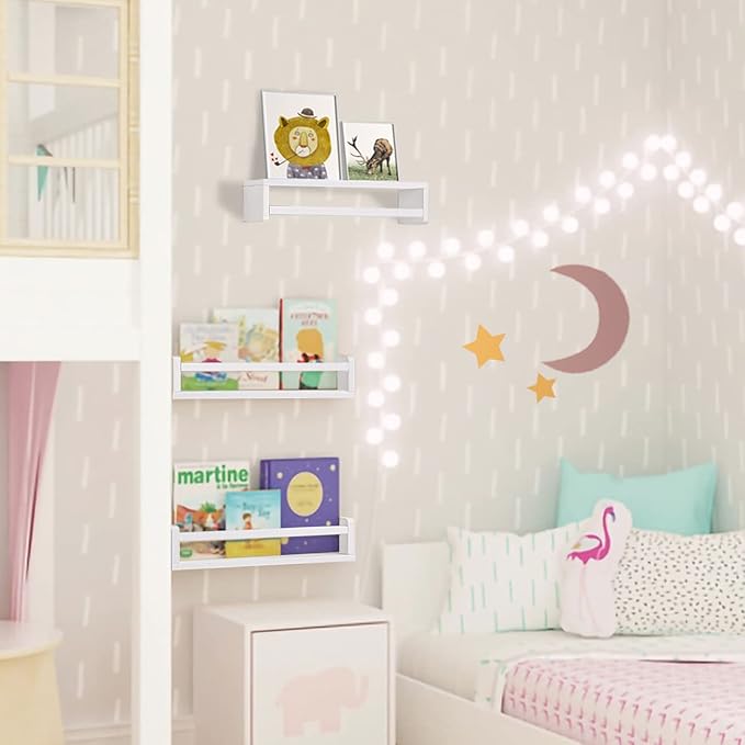 AZSKY Floating Bookshelf for Kids Room White Nursery Shelves Picture Ledge Wall Shelves for Bathroom Decor Kitchen Spice Rack Book Shelf Photo Organizer for Baby Nursery Décor 16 Inch Set of 3