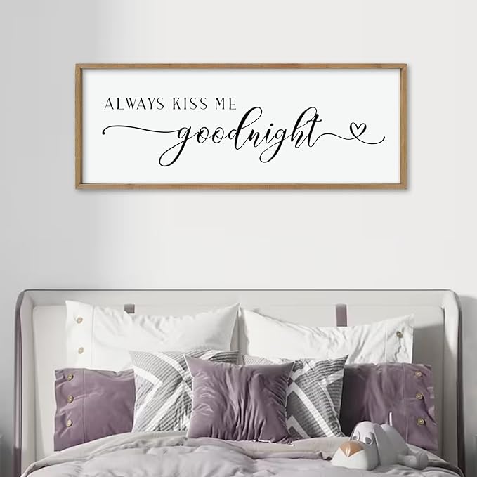 comurdyo Always Kiss Me Goodnight Sign for Bedroom Above bed Wall Decor 40''×15'' Large Wood Frame For Couples Over Bed Hanging Wall Art (Wood)