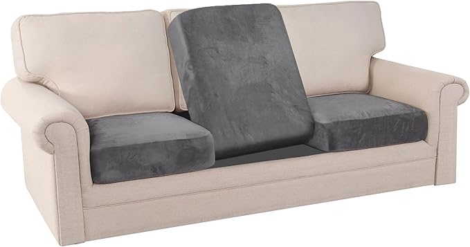 PrinceDeco Stretch Sofa Cushion Covers for Couches and Sofas,Soft Velvet Couch Seat Covers, Sofa Covers Washable, Seat Cushion Cover for 3 Couch Sofa Pet Friendly - Grey, Each Width Up to 29.5"