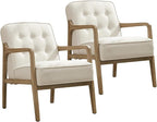 Linen Accent Chair Set of 2, Mid Century Modern Chair for Living Room, Upholstered Comfy Lounge Armchair with Solid Wood Frame, Reading Side Chair for Bedroom,105°Ergonomic Comfort, White