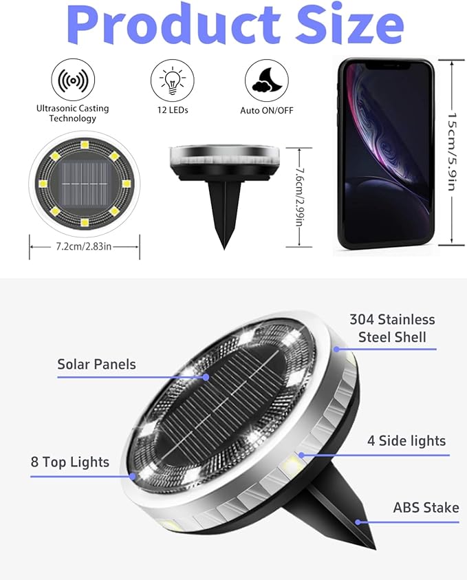 Solar Ground Lights Outdoor 12 Pack Waterproof Upgraded Flat Solar Garden Lights with 4 Side Light Stainless Steel Solar Powered Disc Light for Walkway Pathway Landscape Lawn Yard - Cool White
