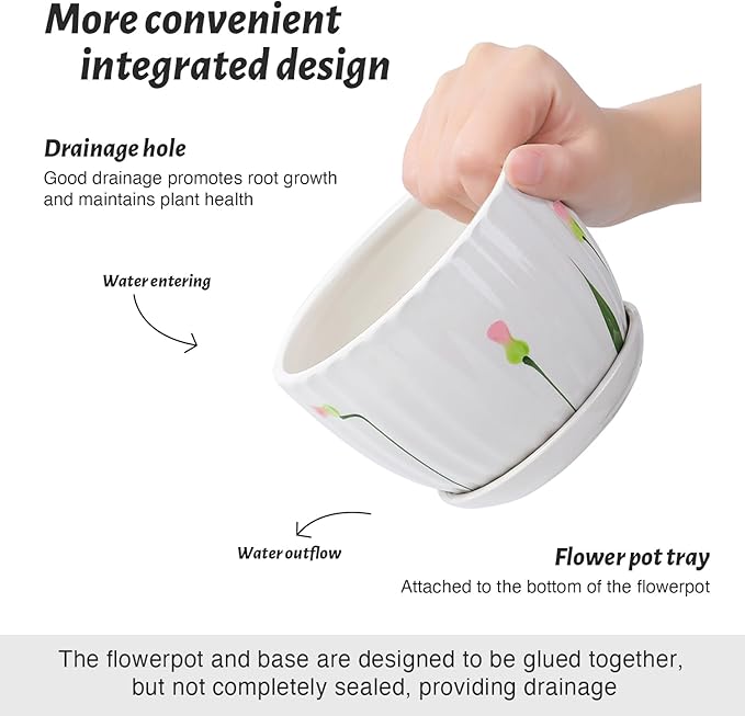 4/5/6 Inches Ceramic Plant Pots with Drainage Holes and Saucers, Round Flower Pots for Indoor Plant, Small Flower Planters Set of 3 (White Floral-Big Size)