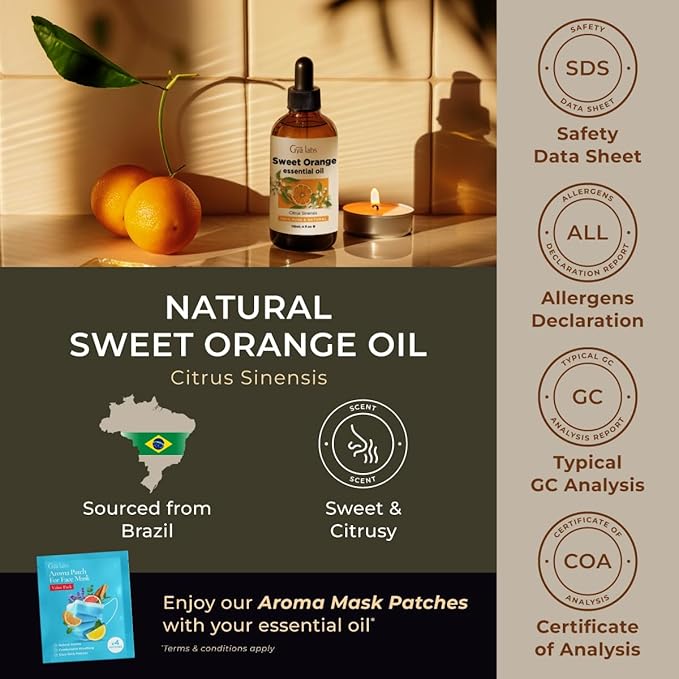Gya Labs Orange Essential Oil for Diffuser & Skin - Huge 4 Fl Oz - 100% Pure Natural Sweet Orange Oil for Massage, Face, Cleaning & Candle Making Scent