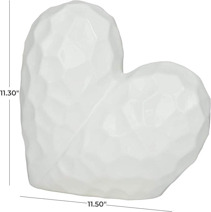 Deco 79 Porcelain Ceramic Heart Decorative Sculpture Dimensional Angled Origami Inspired Home Decor Statue, Accent Figurine 12" x 6" x 11", White