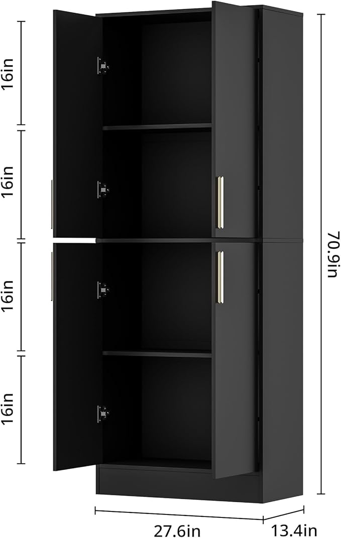 71" Tall Pantry Cabinet, 4 Doors Kitchen Pantry Storage Cabinet, Freestanding Larder Cupboard, Kitchen Hutch with Gold Handles for Dining Room, Bathroom, Black