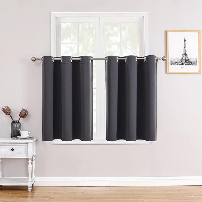 ChrisDowa Small Window Curtains for Kitchen and Bedroom - Grommet Short Thermal Insulated Room Darkening Curtains (2 Panels, Dark Grey, 34 x 36 Inch)