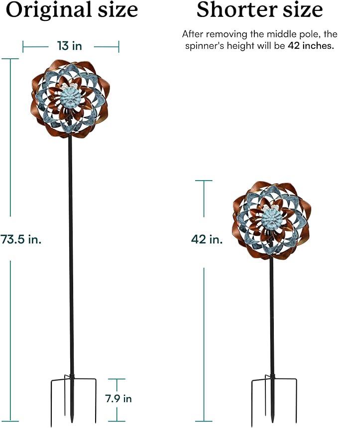 Solar Wind Spinner, Outdoor Metal Wind Spinners with Light, Windmill Decor for Yard Garden, Ideal Gifts for Birthday, Housewarming, Mother's Day, Christmas (13" W x 74" H)