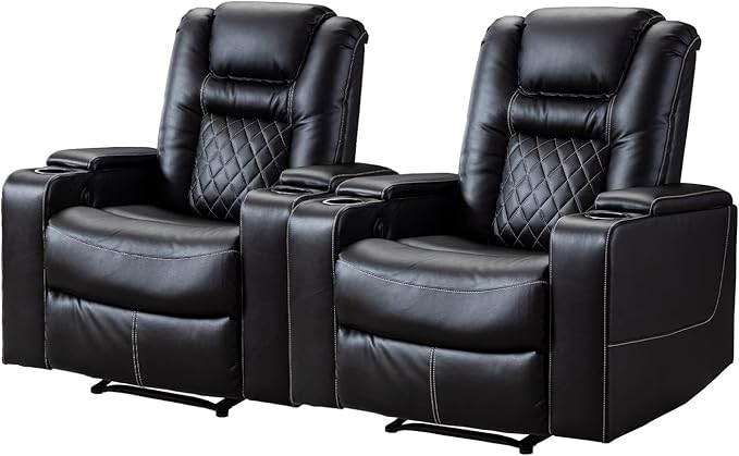 CANMOV Electric Power Recliner Chair Set of 2, Breathable Leather Home Theater Seating with Hidden Arm Storage, Power Recliner Chair for Living Room with USB Ports and Cup Holders,Black