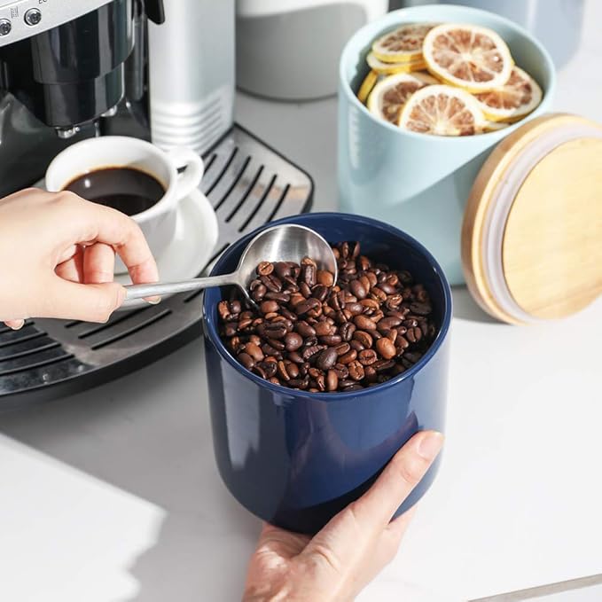 Sweejar Kitchen Canisters Ceramic Food Storage Jar, Stackable Containers with Airtight Seal Wooden Lid for Serving Coffee Bean, Flour, Tea, Spice and More - 39 Fl Oz (Navy)